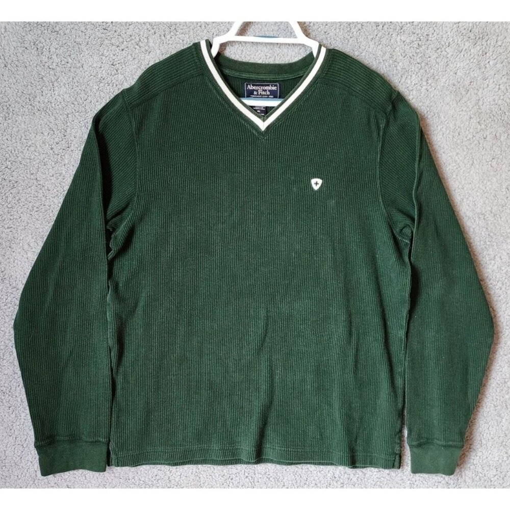 VTG Abercrombie & Fitch Green‎ Knit Ribbed V-Neck Sweater Size XL 100% Cotton